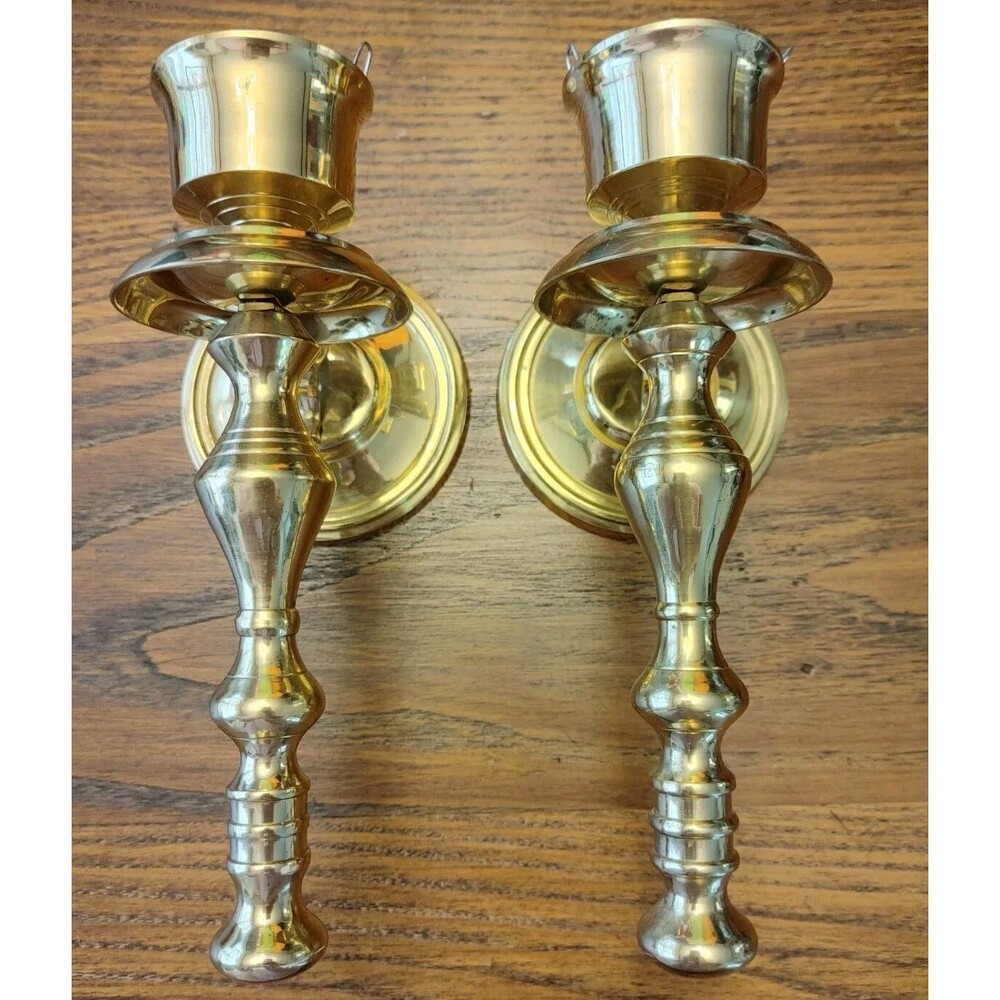 HOLLYWOOD REGENCY Bright Set of 2 ~~ BRASS Wall Mount Candle Sconces abt 9" Tall